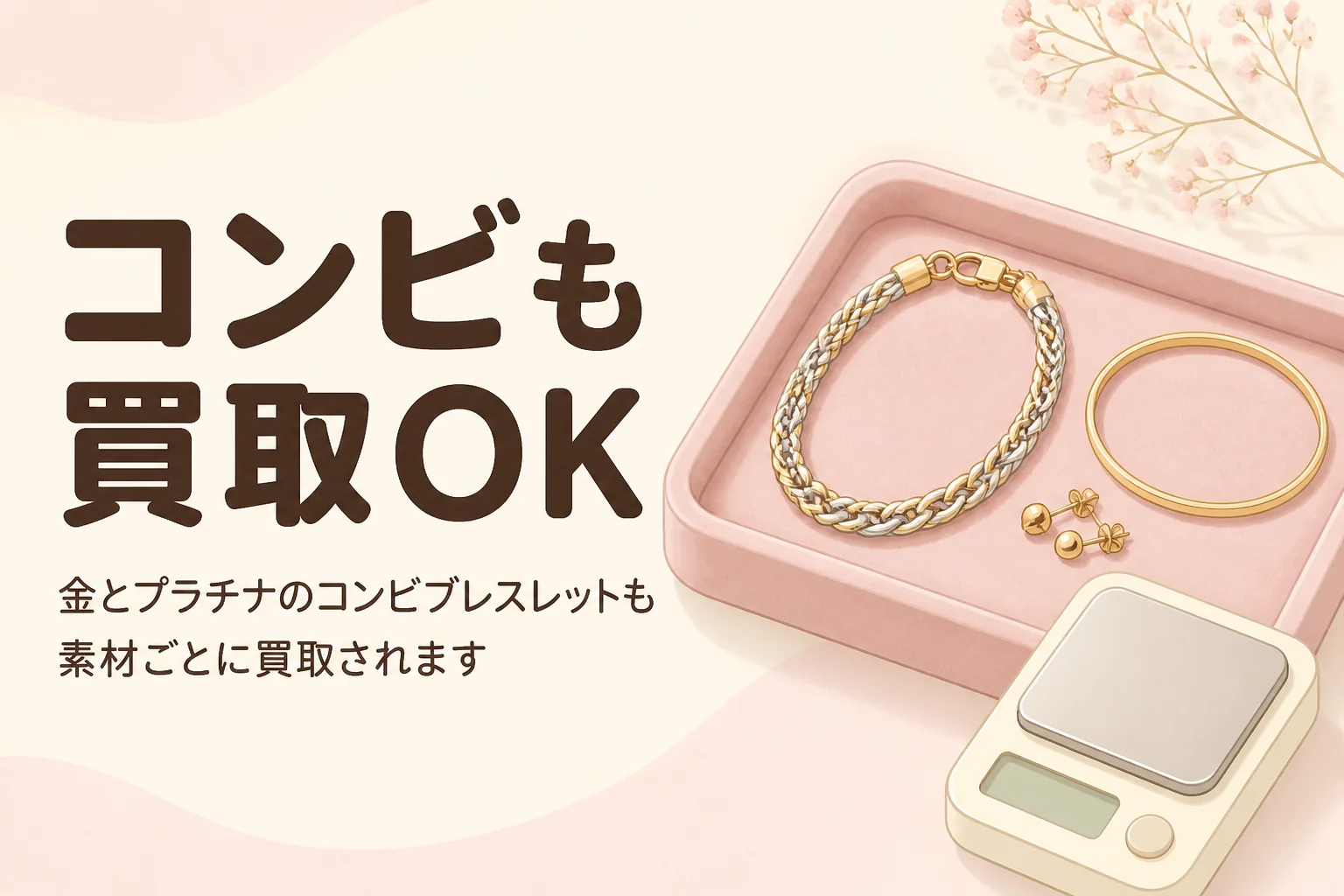 金とプラチナのコンビブレスレットも素材ごとに買取されることを伝えるアイキャッチ