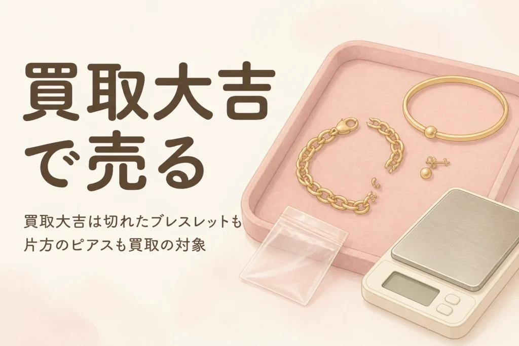 買取大吉で切れた金のブレスレットや片方のピアスを売る準備を表したアイキャッチ