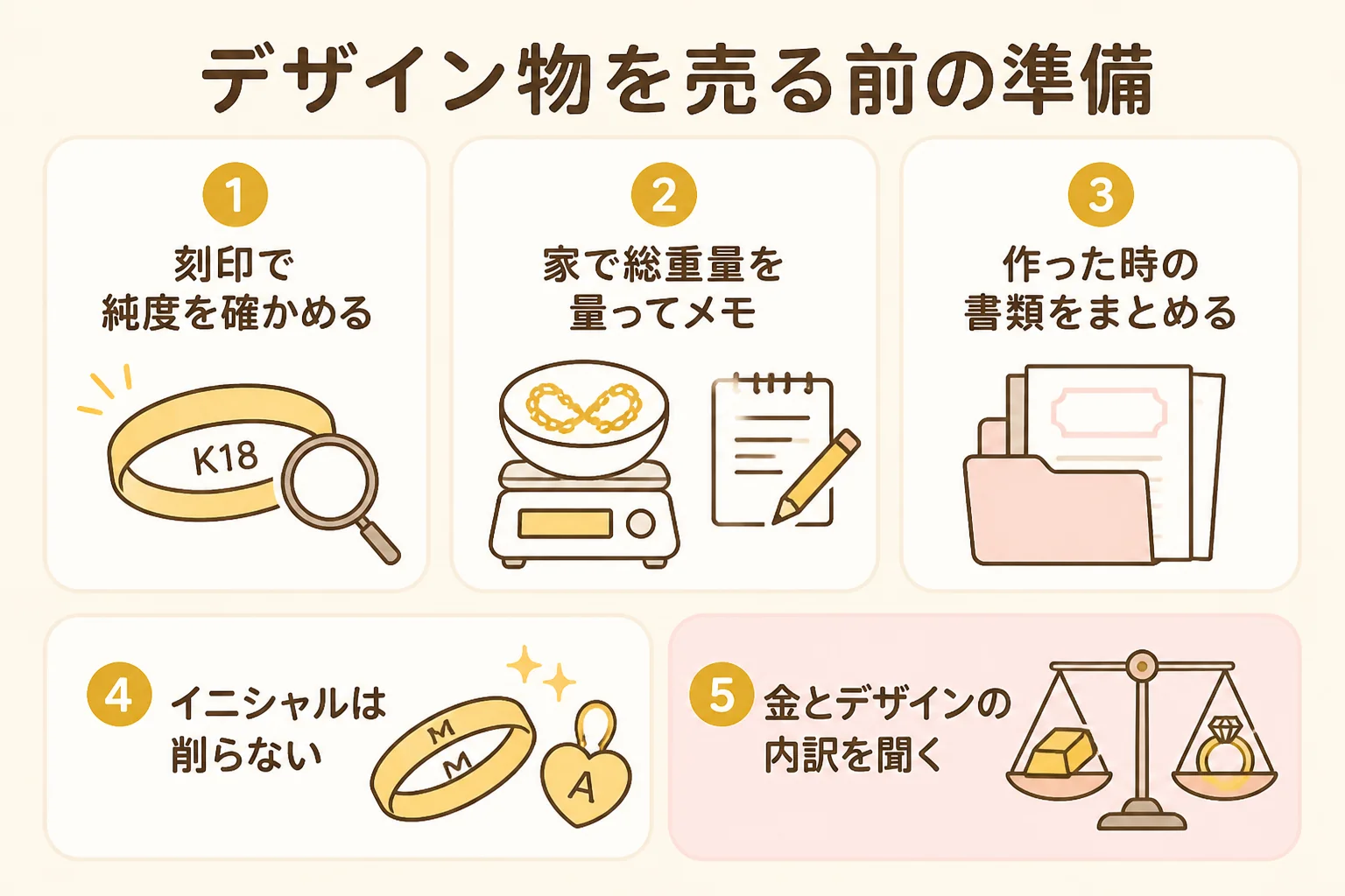 デザインの金のブレスレットを売る前の準備の流れを示した図解