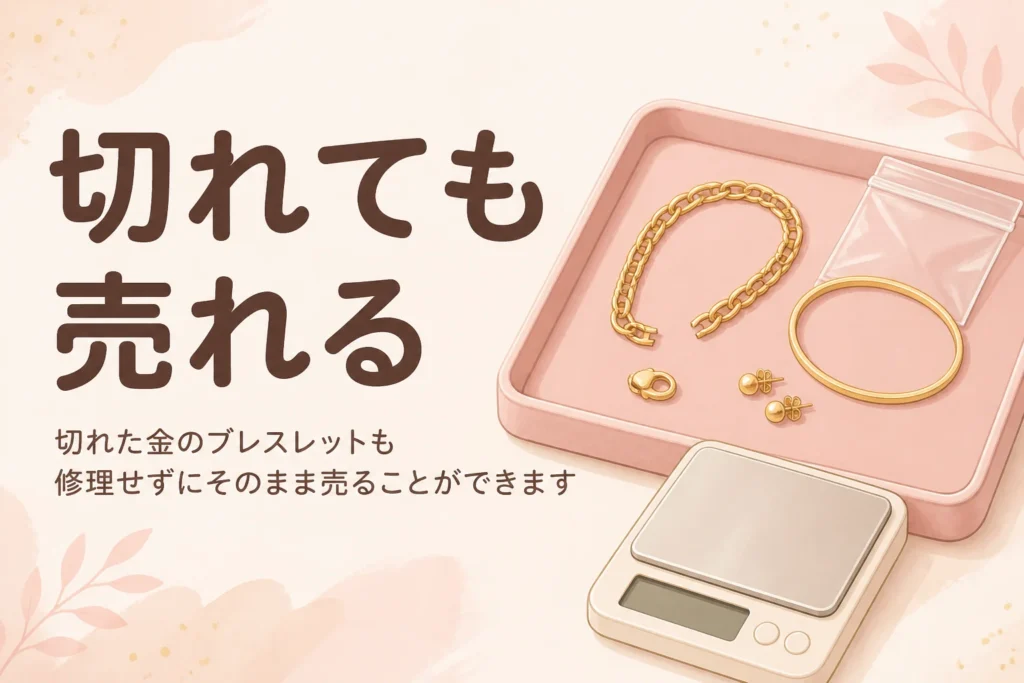 切れた金のブレスレットも修理せずにそのまま売れることを伝えるアイキャッチ