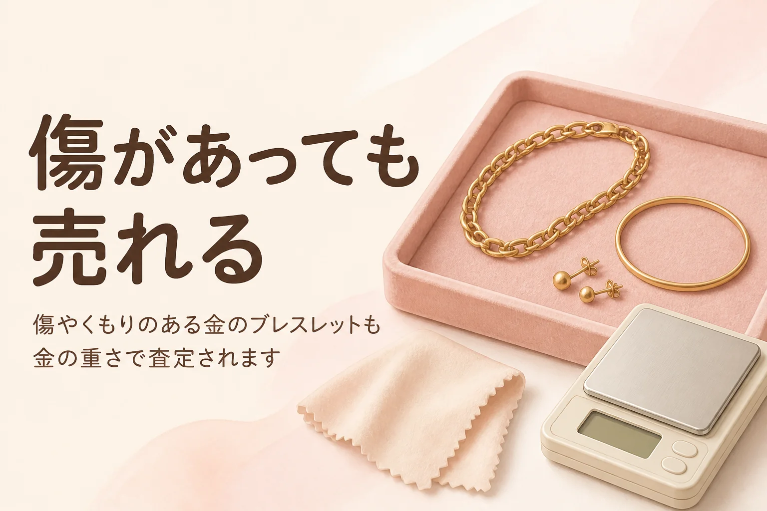 傷やくもりのある金のブレスレットも金の重さで査定されることを伝えるアイキャッチ
