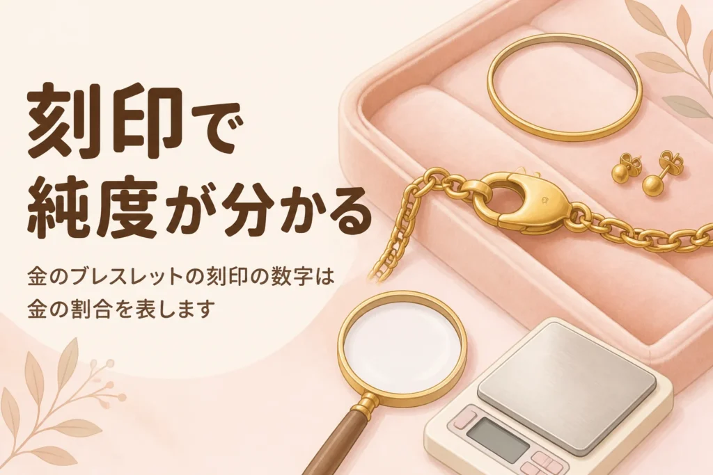 金のブレスレットの刻印で純度が分かることを伝えるアイキャッチ