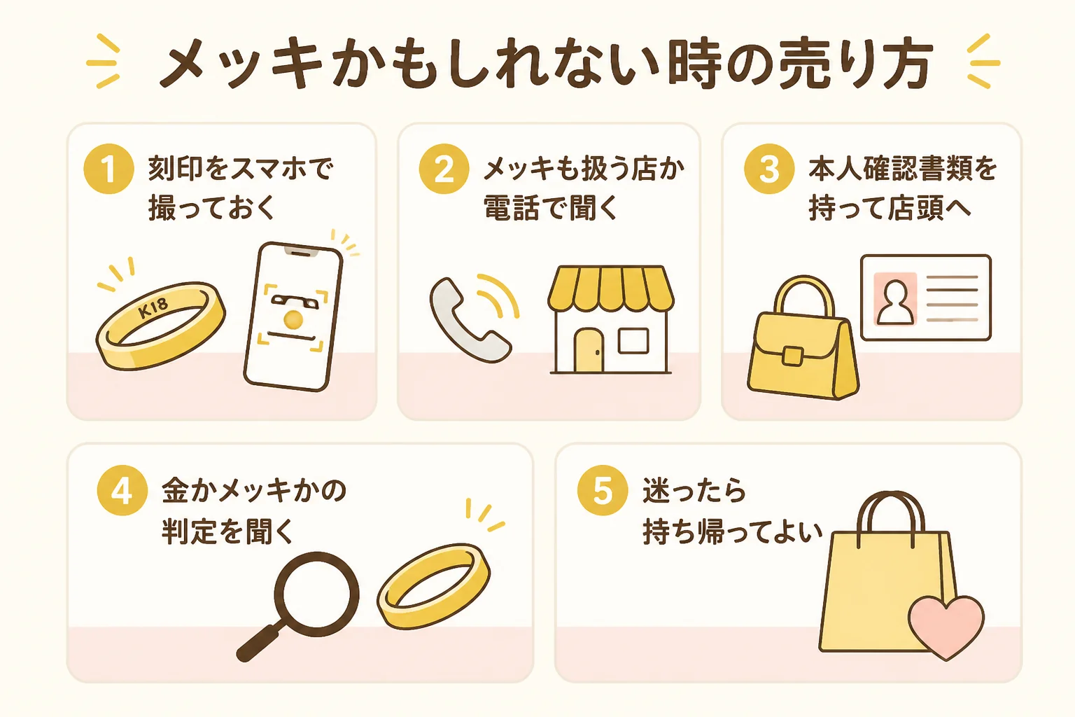 メッキかもしれないブレスレットを売るまでの手順を示した図解