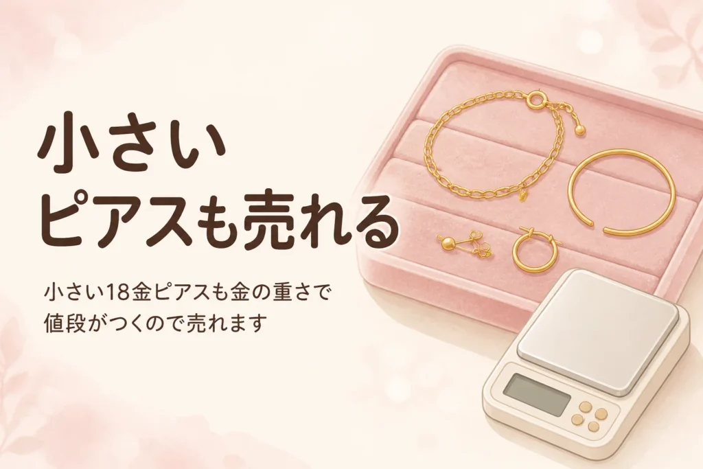 小さい18金ピアスも金の重さで値段がつくので売れることを伝えるアイキャッチ