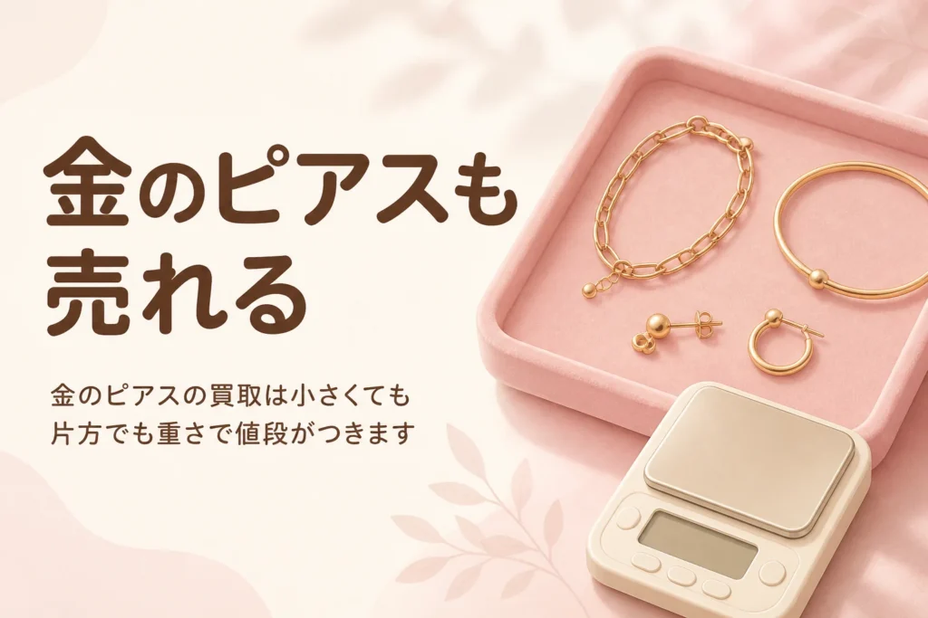 金のピアスの買取は小さくても片方でも重さで値段がつくことを伝えるアイキャッチ