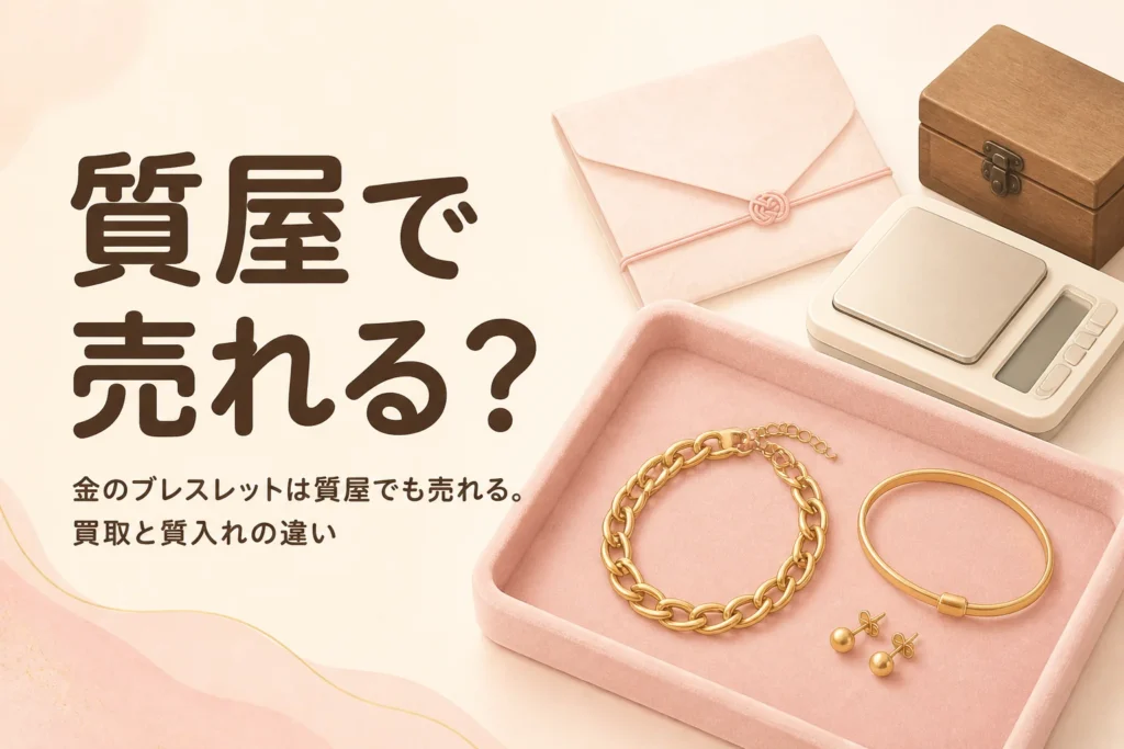 金のブレスレットを質屋で売る時の買取と質入れの違いを表したアイキャッチ