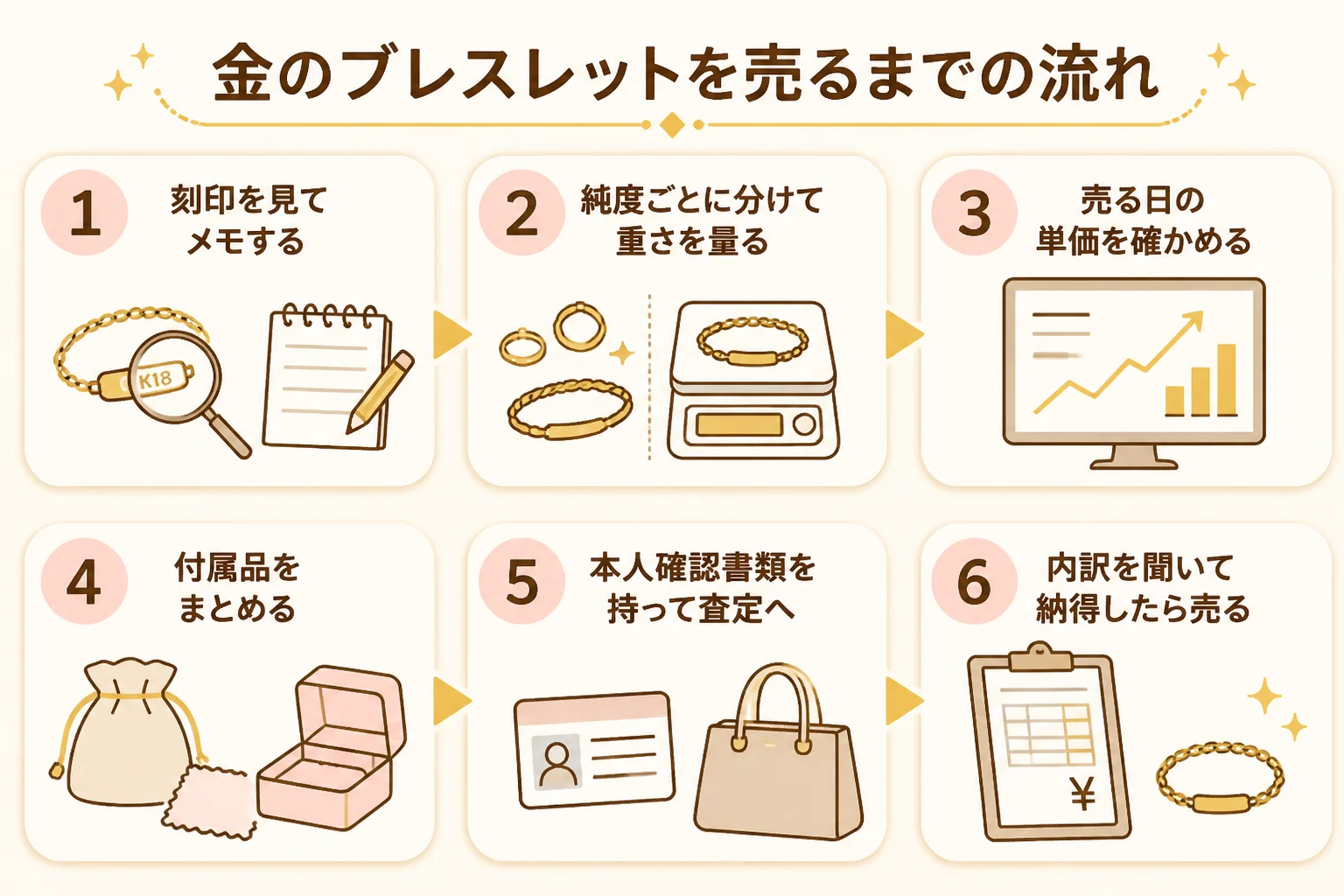 金のブレスレットやピアスを売るまでの6つのステップを示した図解