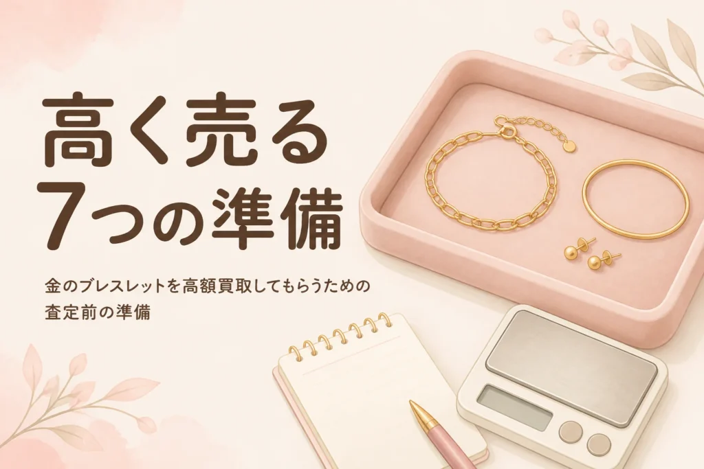 金のブレスレットを高額買取してもらうための査定前の準備を伝えるアイキャッチ