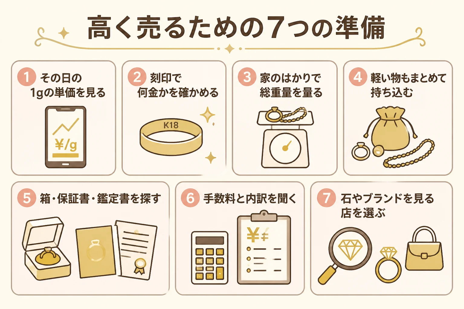 金のブレスレットを高く売るための7つの準備を示した図解